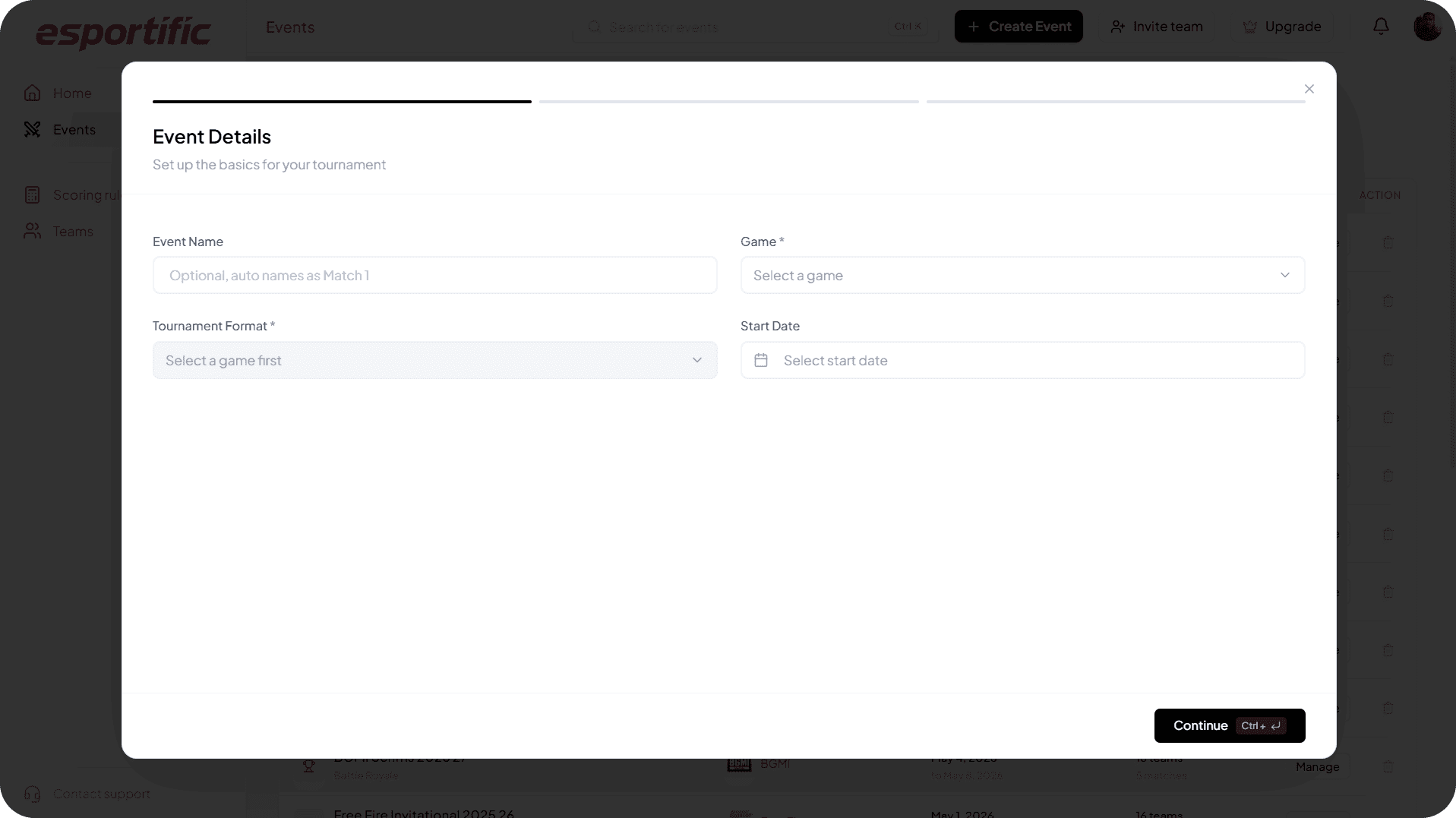 Quick event setup interface preview