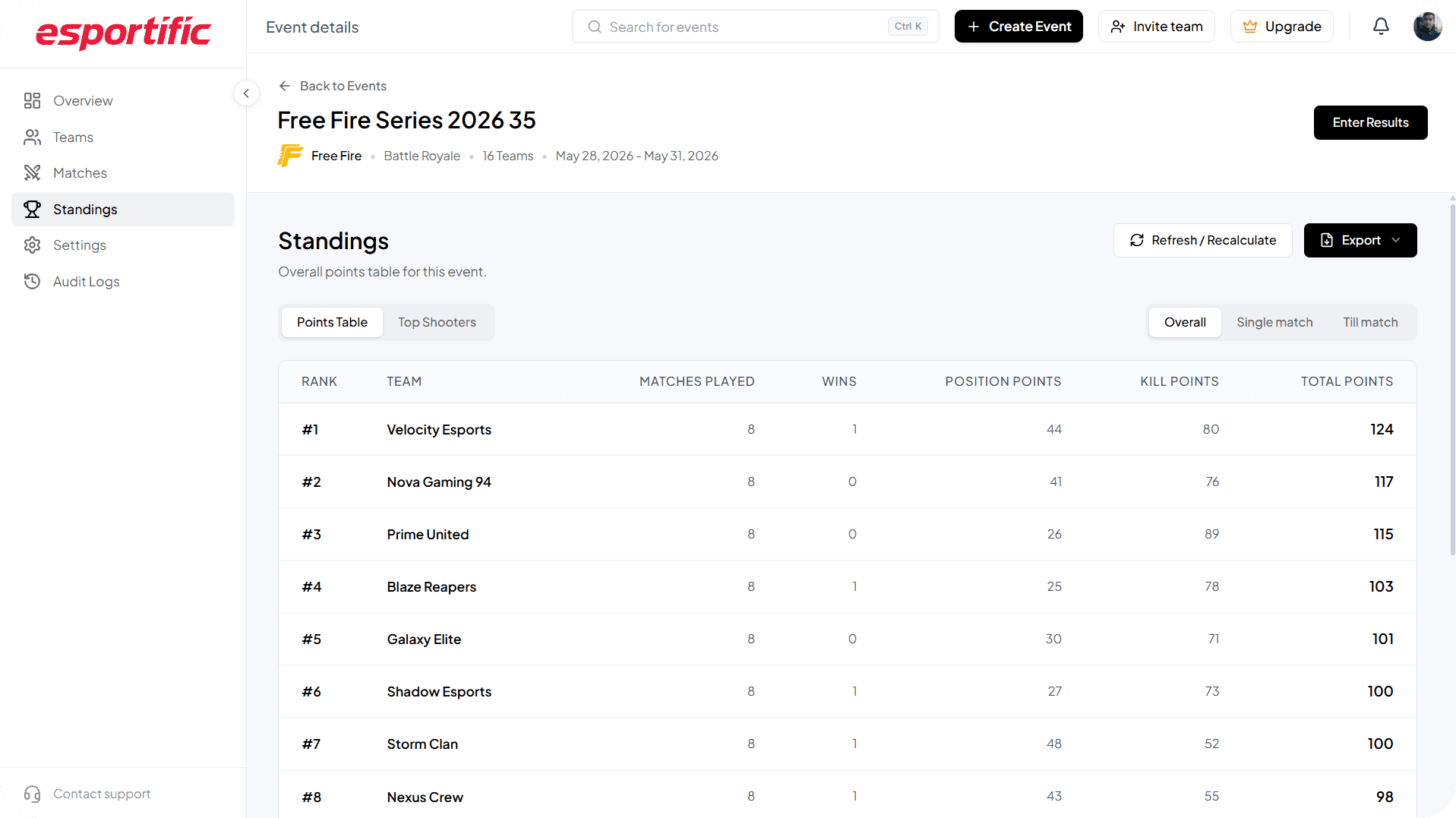 Automatic points table and standings interface preview