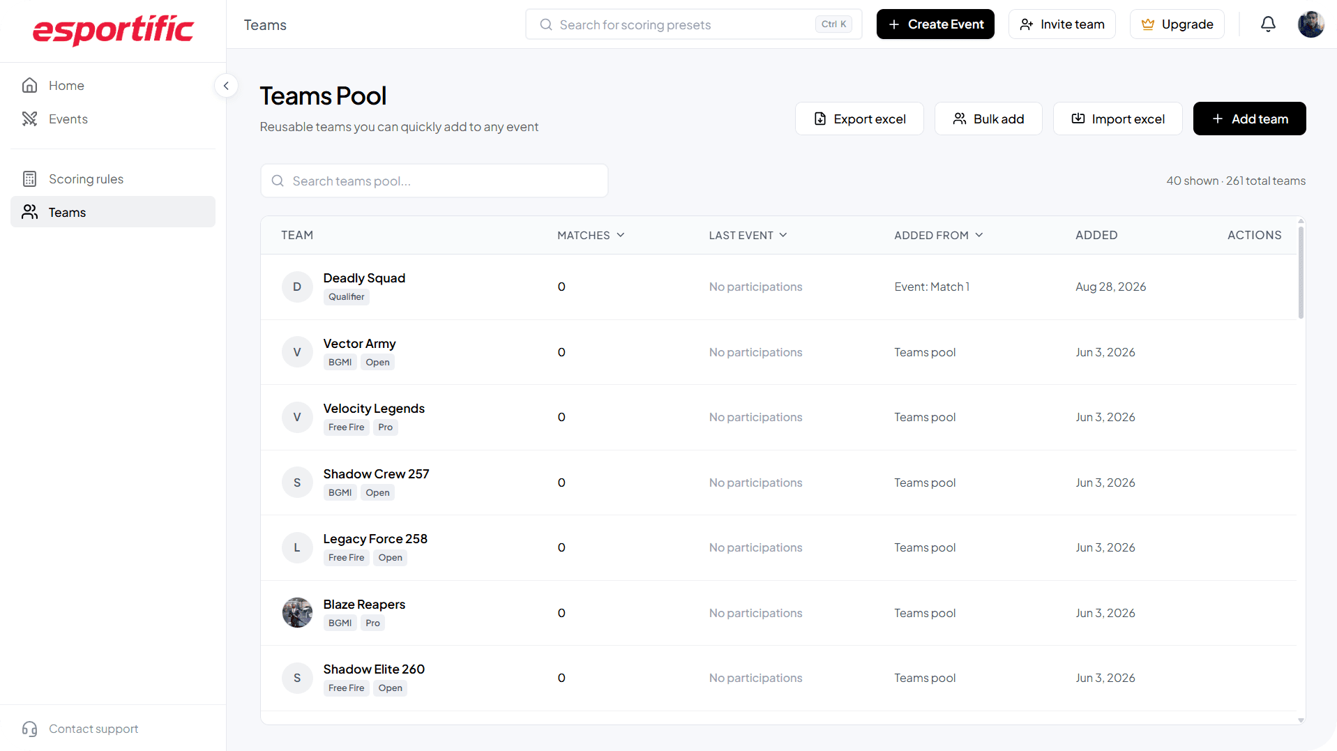 Teams pool and player roster management interface preview