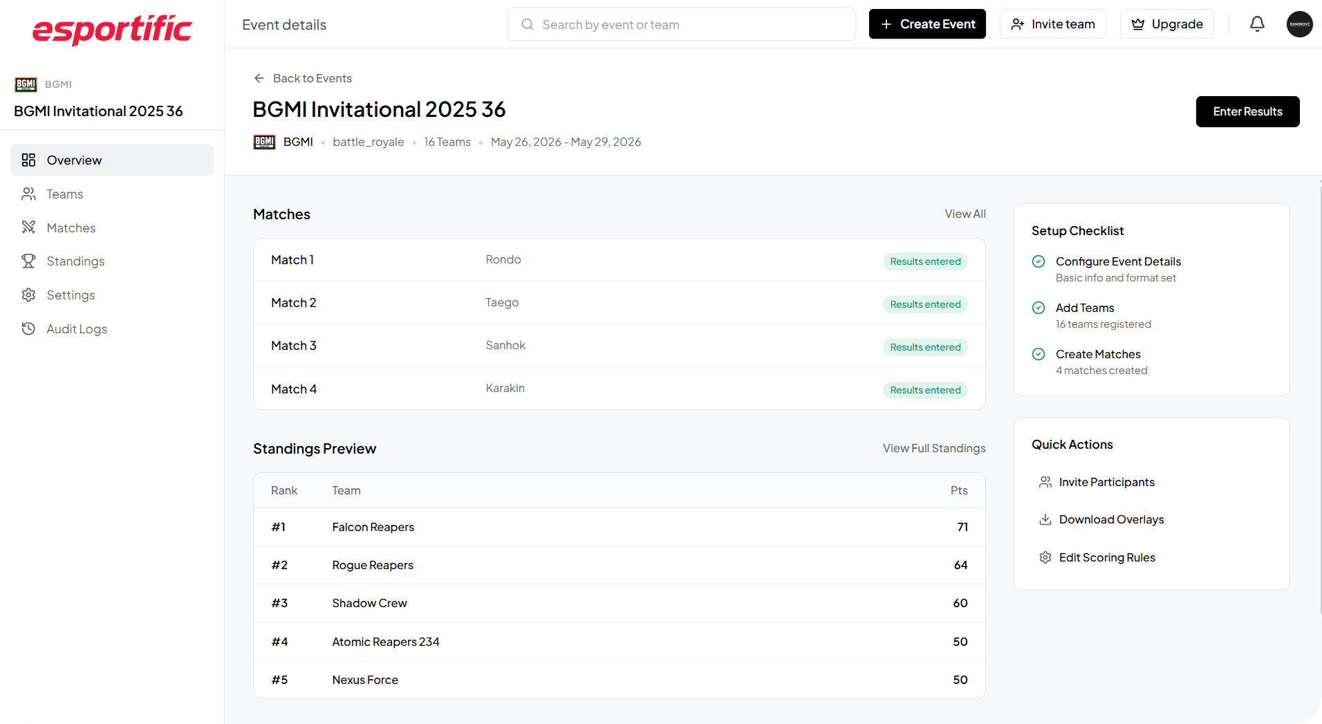 Esportific event management and tournament software dashboard