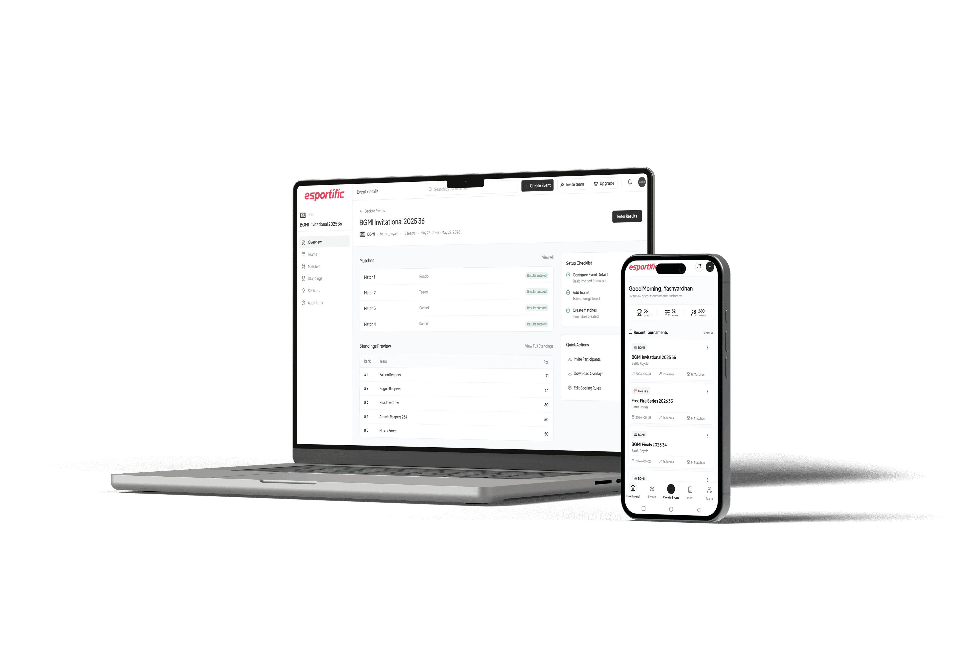 Esportific tournament software displayed across laptop and mobile devices