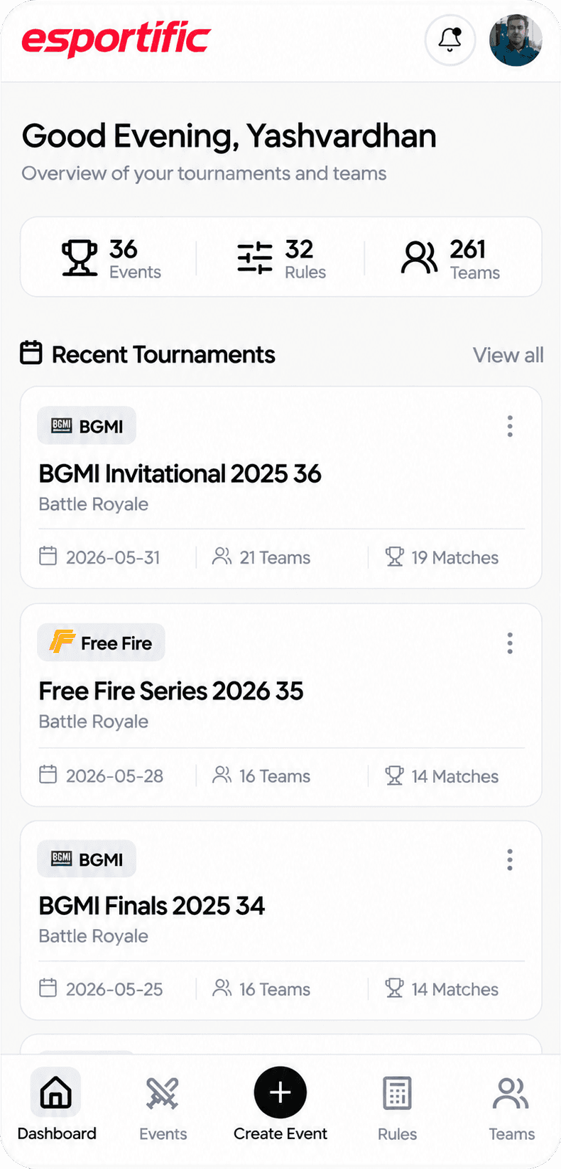 Esportific mobile app tournament dashboard